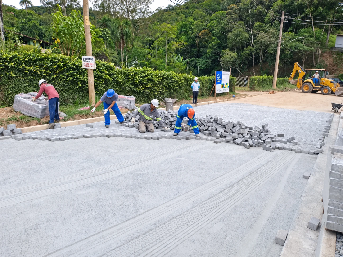 Equipe executando pavimento intertravado com equipamentos de proteção