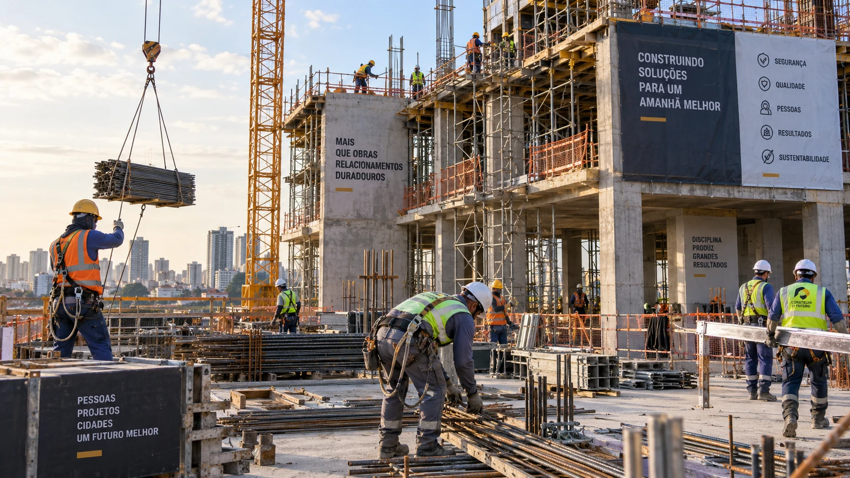 Canteiro de edificação em execução com trabalhadores utilizando equipamentos de proteção